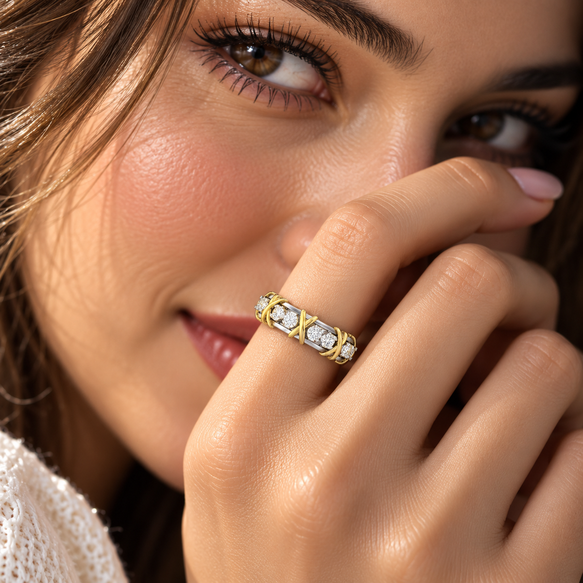 Luxury Lab Grown Diamond & Moissanite Round Cut Crossover Eternity Ring – Two-Tone Gold Vintage Inspired Fine Jewelry Wedding Band