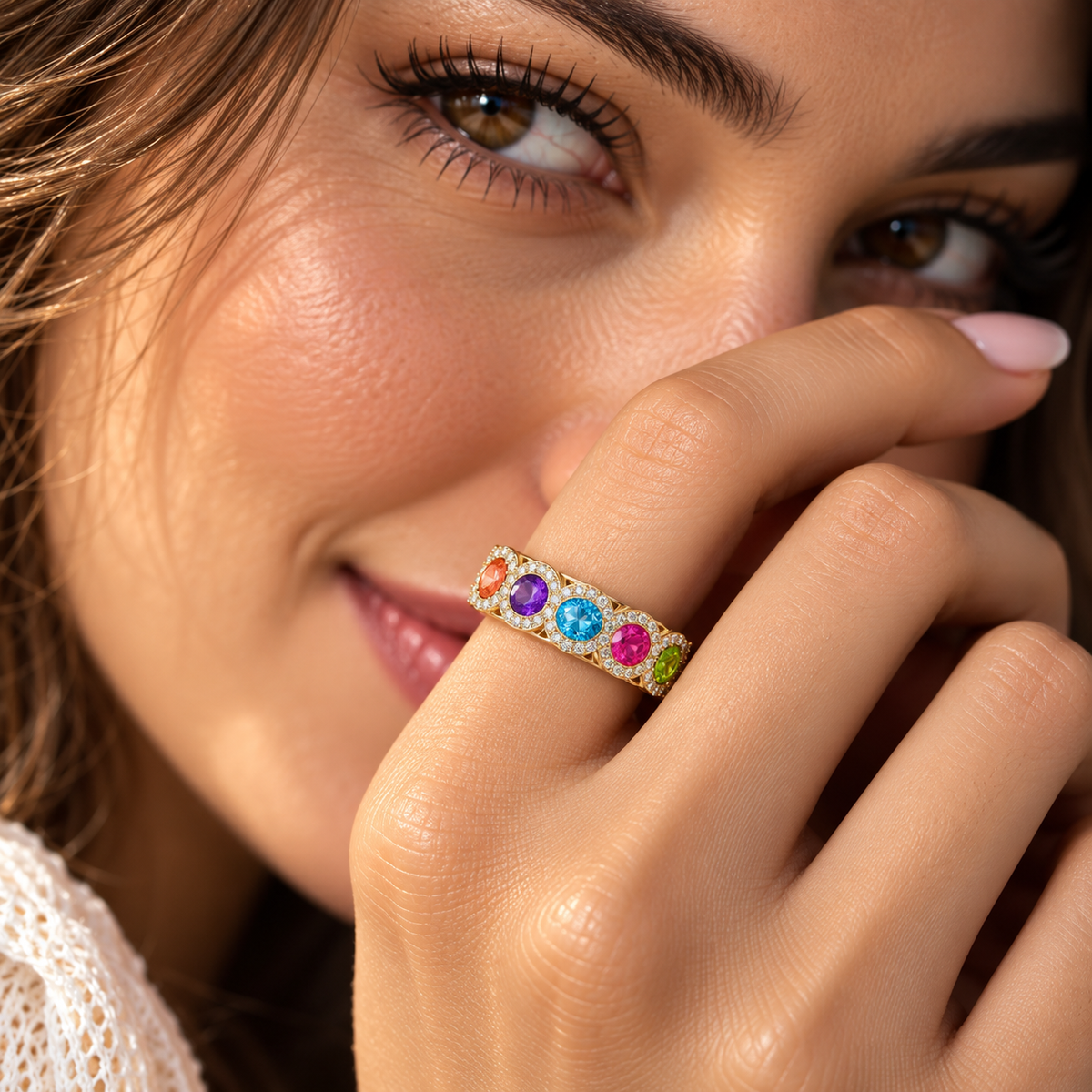Multi-Color Lab Grown Diamond & Moissanite Rainbow Sapphire Halo Eternity Fine Jewelry Wedding Band