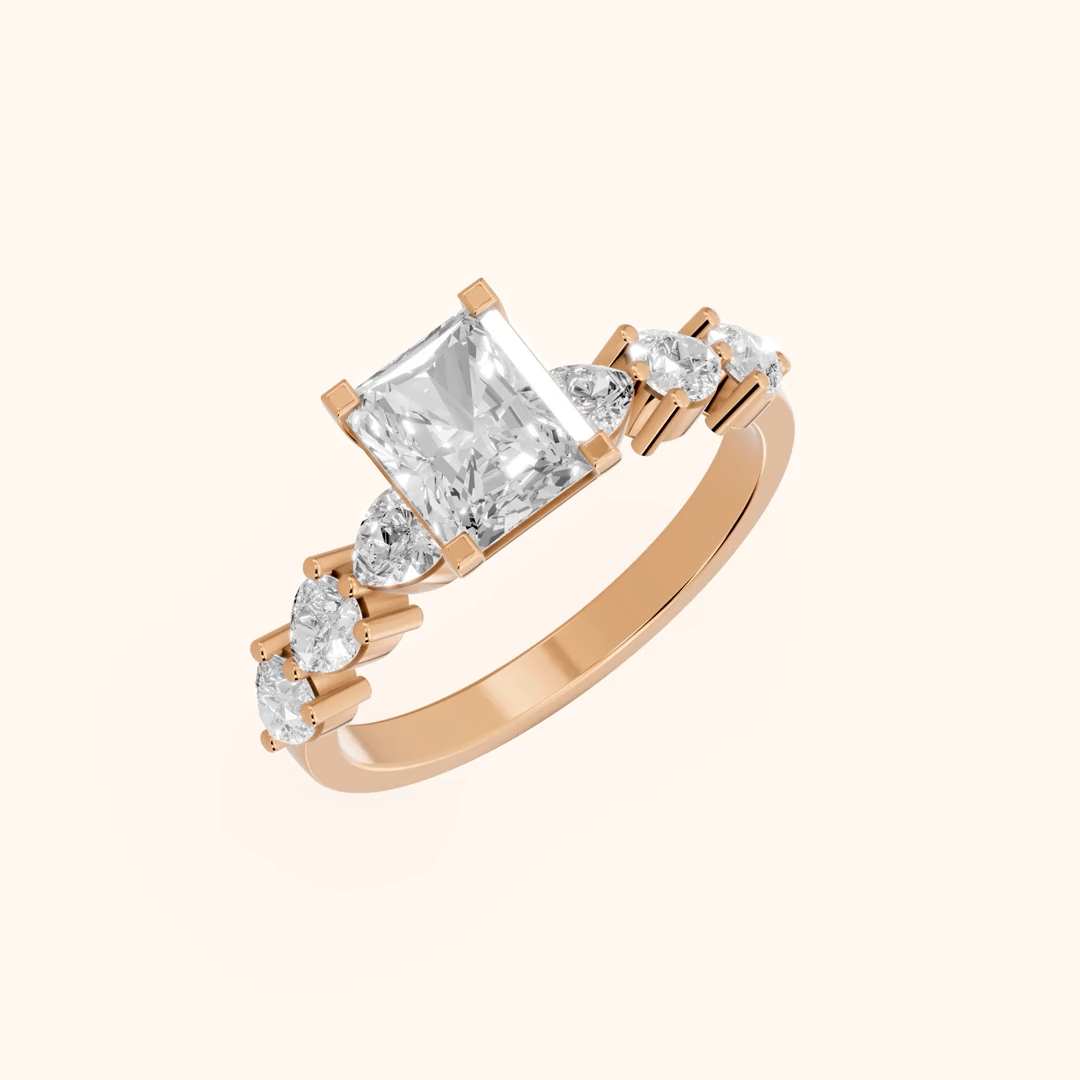 radiant cut lab grown diamond engagement ring in silver, three-quarter view