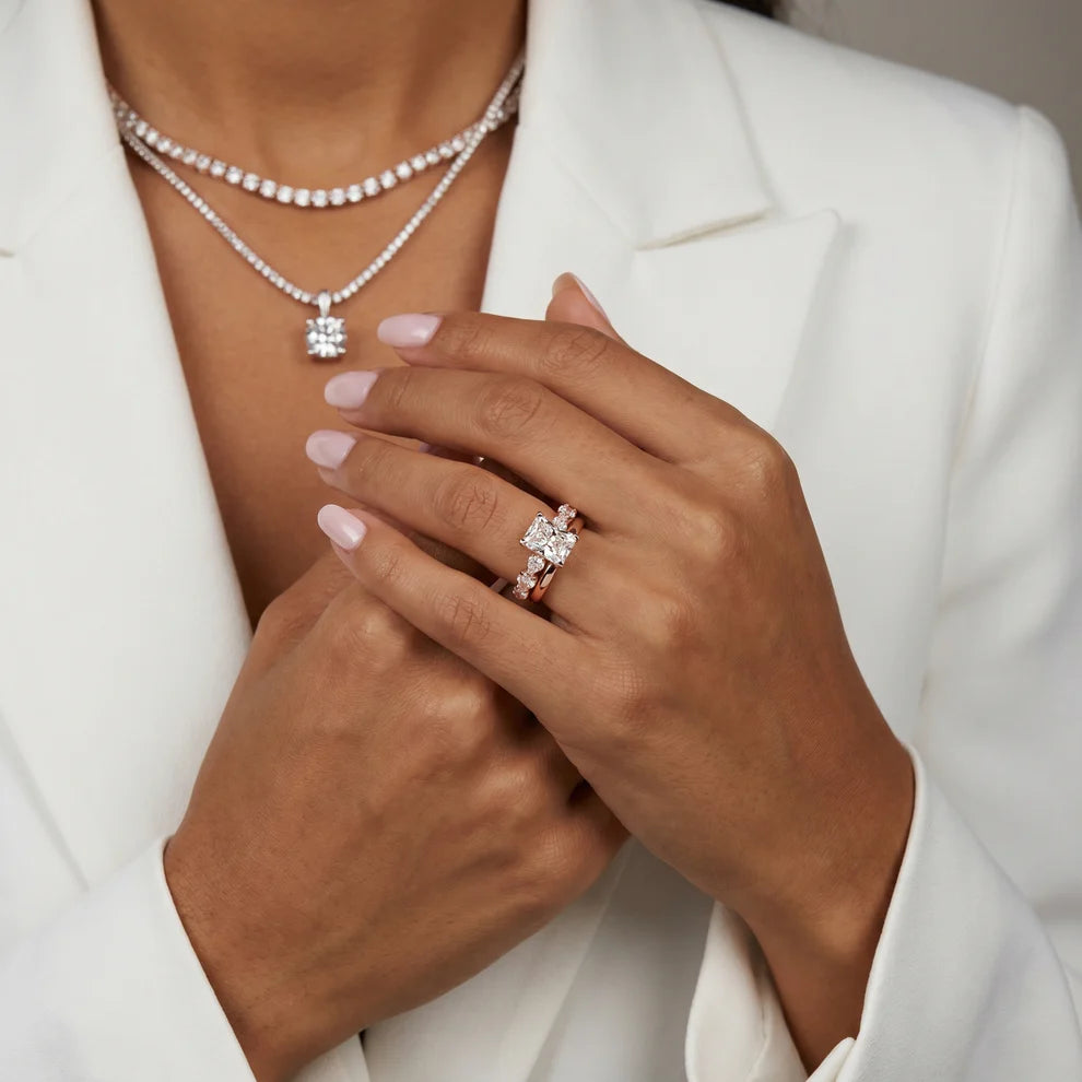 Radiant Cut Lab Grown Diamond & Moissanite Engagement Ring with Marquise Side Stones