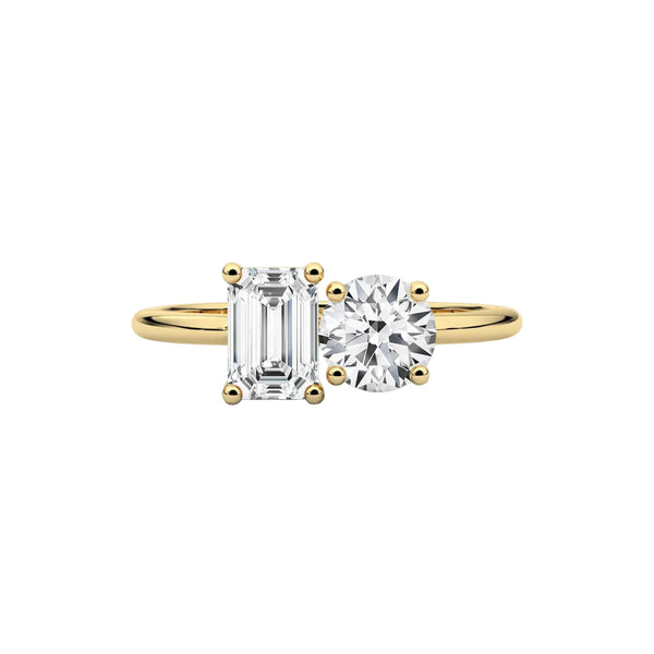 emerald lab grown diamond ring in silver, three-quarter view
