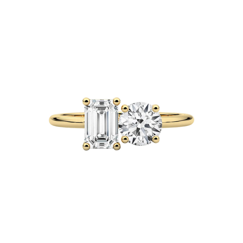 emerald lab grown diamond ring in silver, three-quarter view