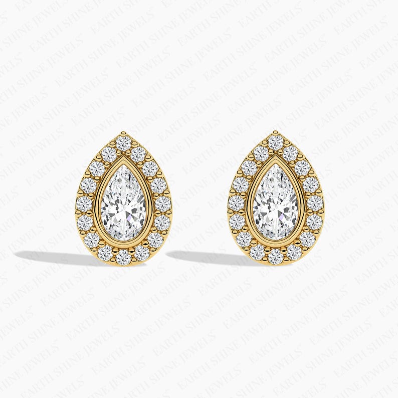 Bezel Set Pear Cut Halo Lab-grown Diamond Stud Earrings For Women, Moissanite Stud Earrings Wedding Earrings