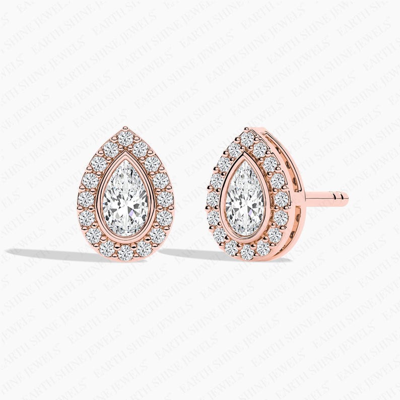 Bezel Set Pear Cut Halo Lab-grown Diamond Stud Earrings For Women, Moissanite Stud Earrings Wedding Earrings