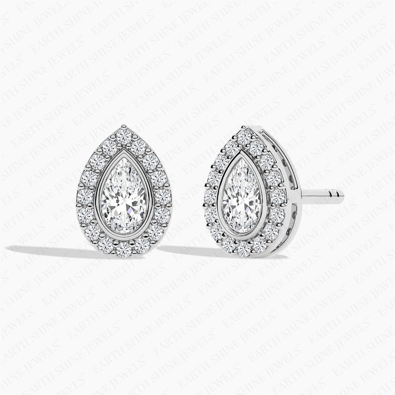 Bezel Set Pear Cut Halo Lab-grown Diamond Stud Earrings For Women, Moissanite Stud Earrings Wedding Earrings