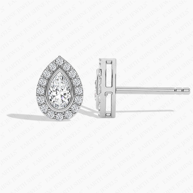 Bezel Set Pear Cut Halo Lab-grown Diamond Stud Earrings For Women, Moissanite Stud Earrings Wedding Earrings