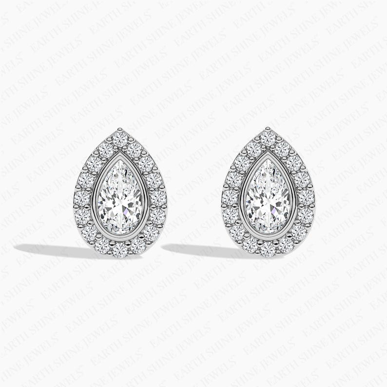 Bezel Set Pear Cut Halo Lab-grown Diamond Stud Earrings For Women, Moissanite Stud Earrings Wedding Earrings