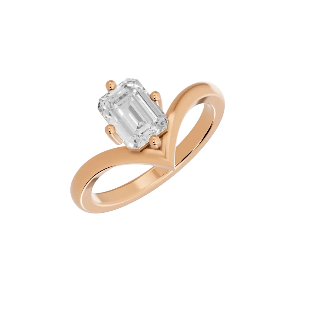 emerald lab grown diamond engagement ring in silver, three-quarter view