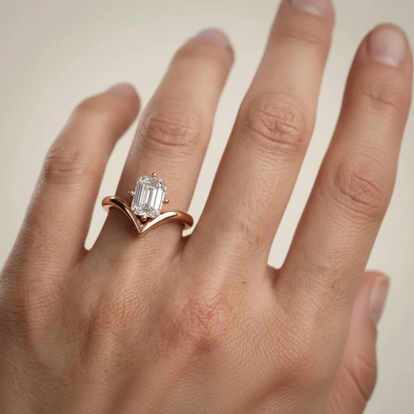 emerald lab grown diamond ring in silver, three-quarter view