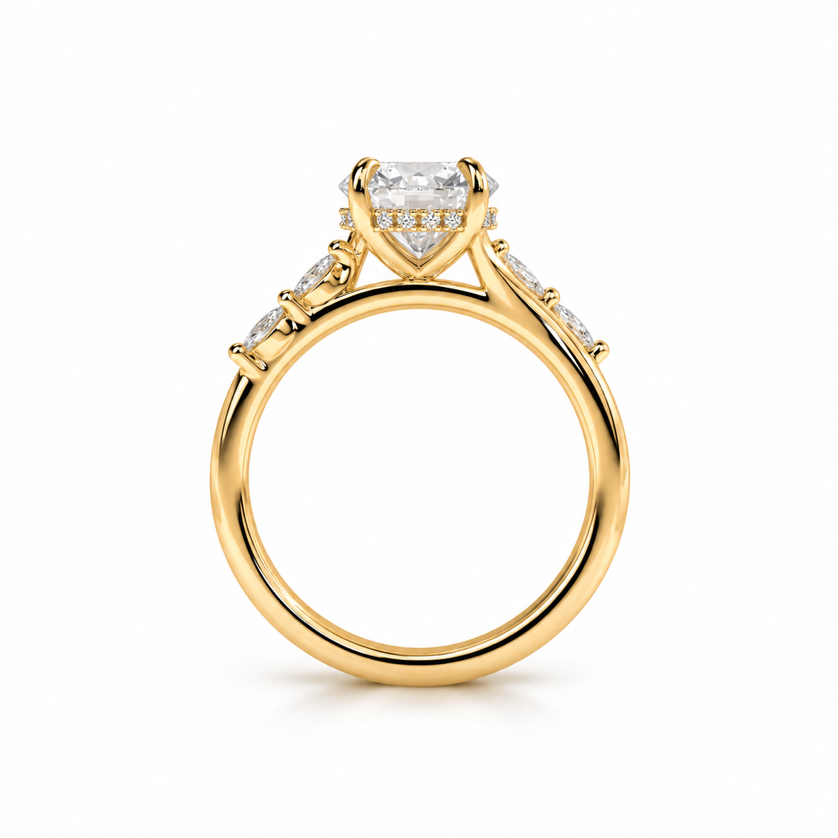 Engagement ring with a 2ct solitaire in a hidden halo setting with cathedral setting and marquise, diamond