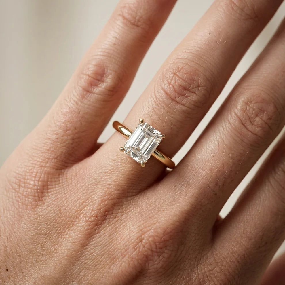 emerald lab grown diamond engagement ring in 18k gold, on-hand