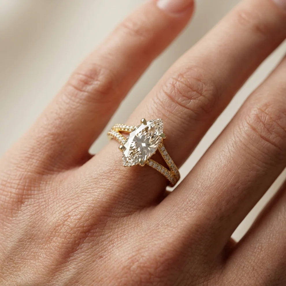 marquise lab grown diamond engagement ring in 14k, side profile