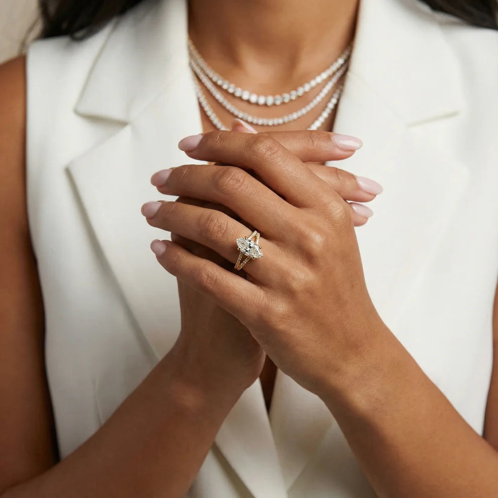 marquise lab grown diamond engagement ring in 18k, on-hand