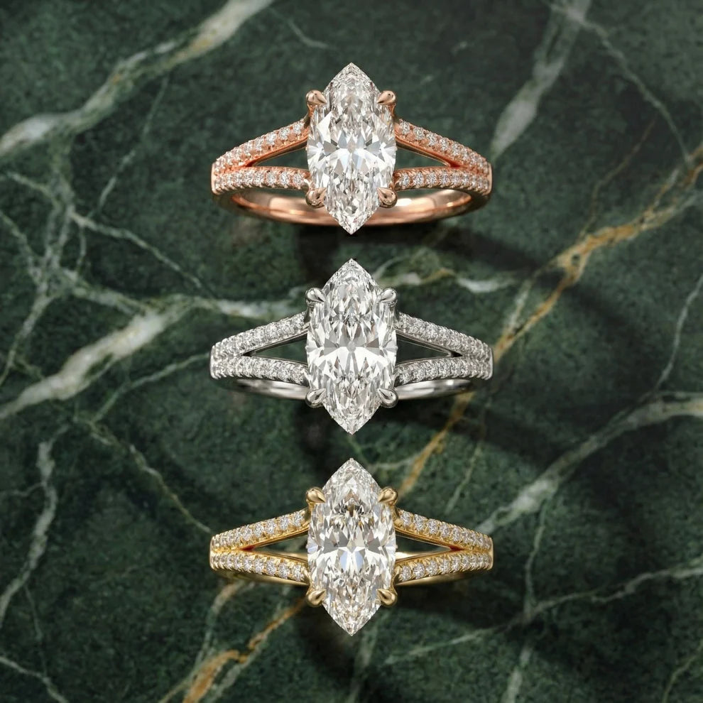 Marquise Cut Pavé Split Shank Solitaire Engagement Ring – Lab Grown Diamond & Moissanite -- 3.50gm