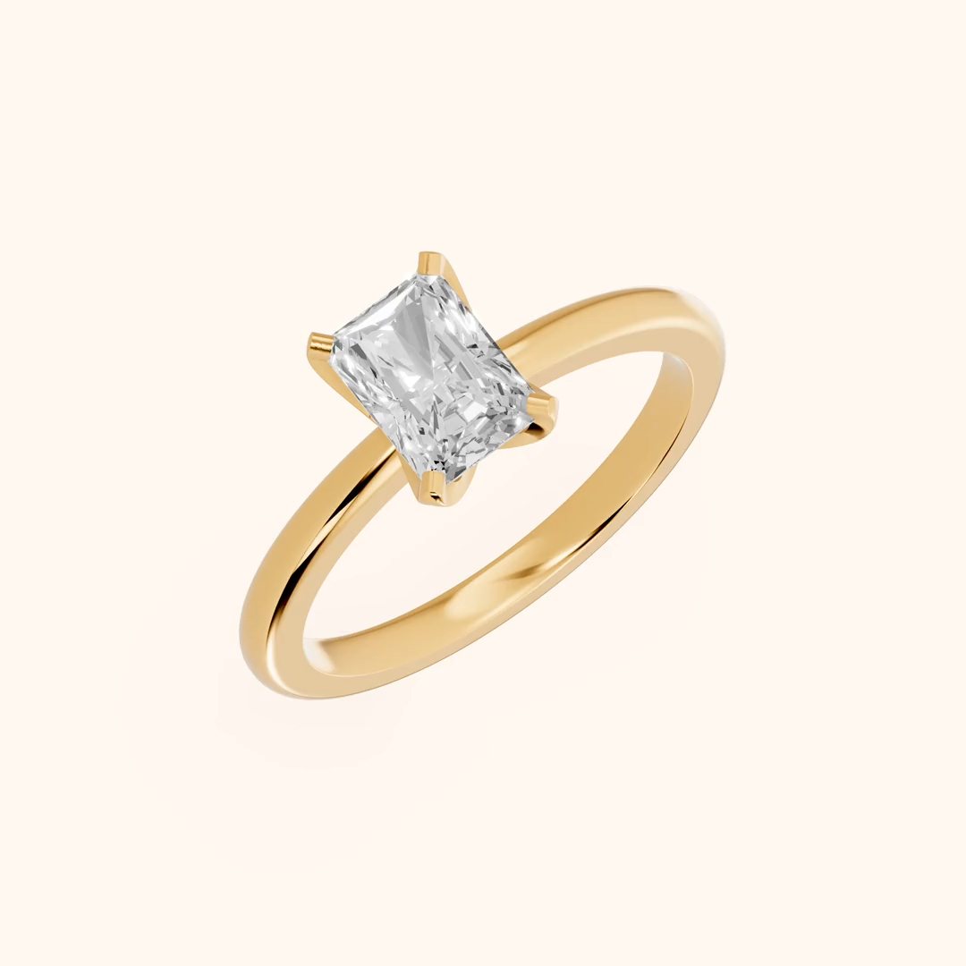 radiant lab grown diamond engagement ring in silver, three-quarter view