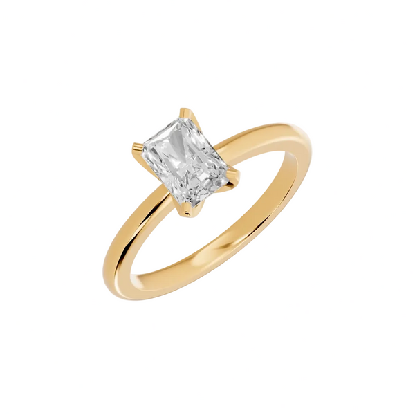 radiant lab grown diamond engagement ring in silver, three-quarter view