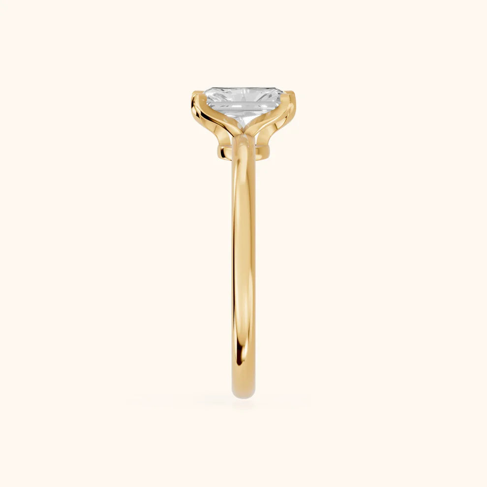 radiant lab grown diamond engagement ring in 14k gold, top view
