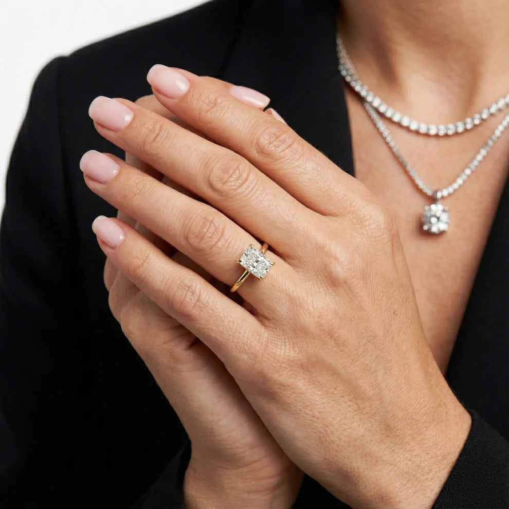 Radiant Cut Solitaire Engagement Ring Lab Grown Diamond And Moissanite