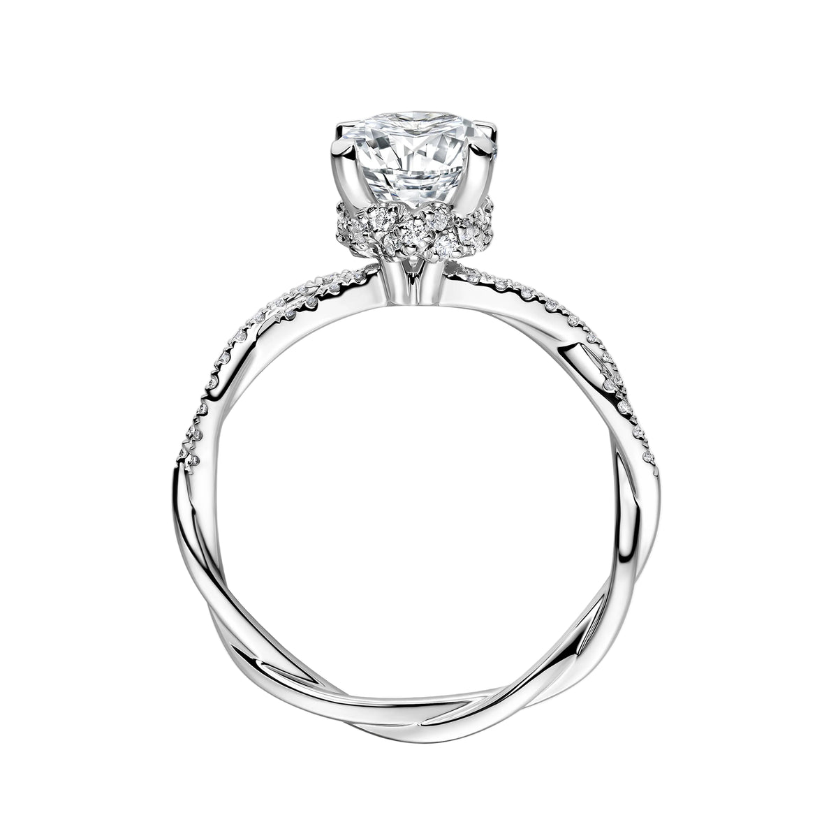 A silver-toned twisted band ring featuring a large round-cut center stone and a halo of smaller stones, shown on a clean white background.