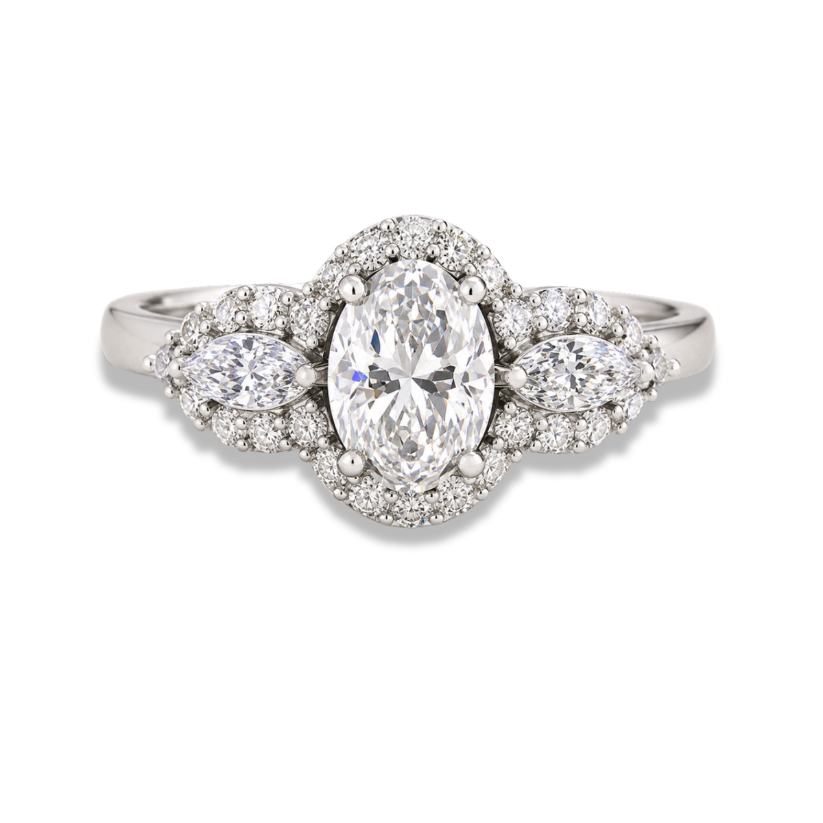 Oval Cut Three-Stone Halo Engagement Ring with Marquise Side Stones -Lab Grown Diamond & Moissanite