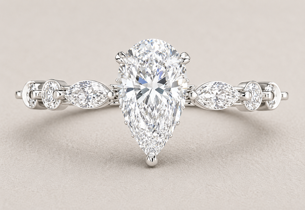 pear lab grown diamond engagement ring in silver, three-quarter view