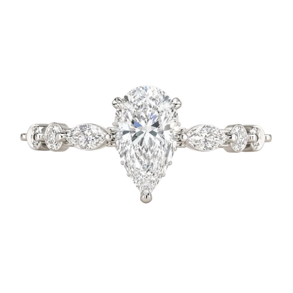 pear lab grown diamond engagement ring in silver, three-quarter view