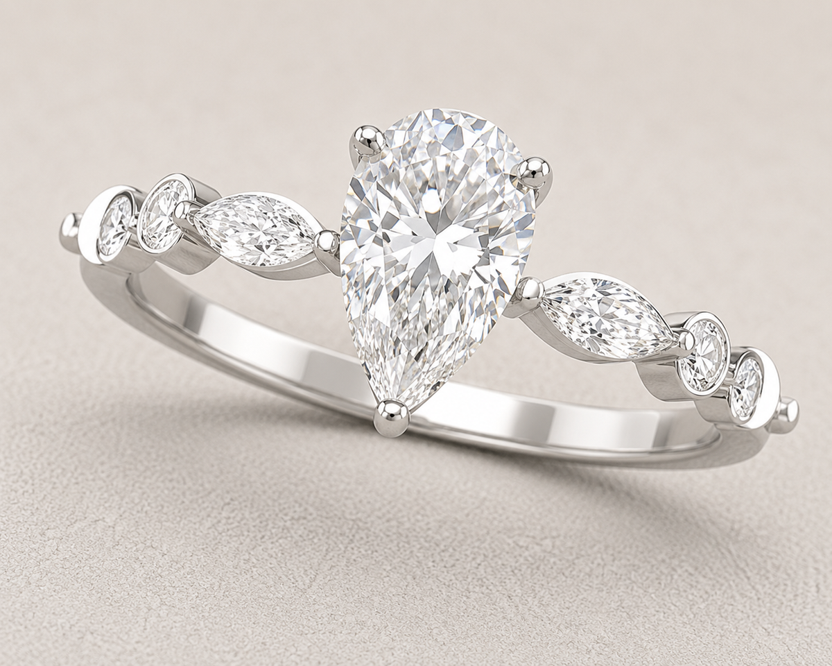 pear lab grown diamond engagement ring in silver, top view