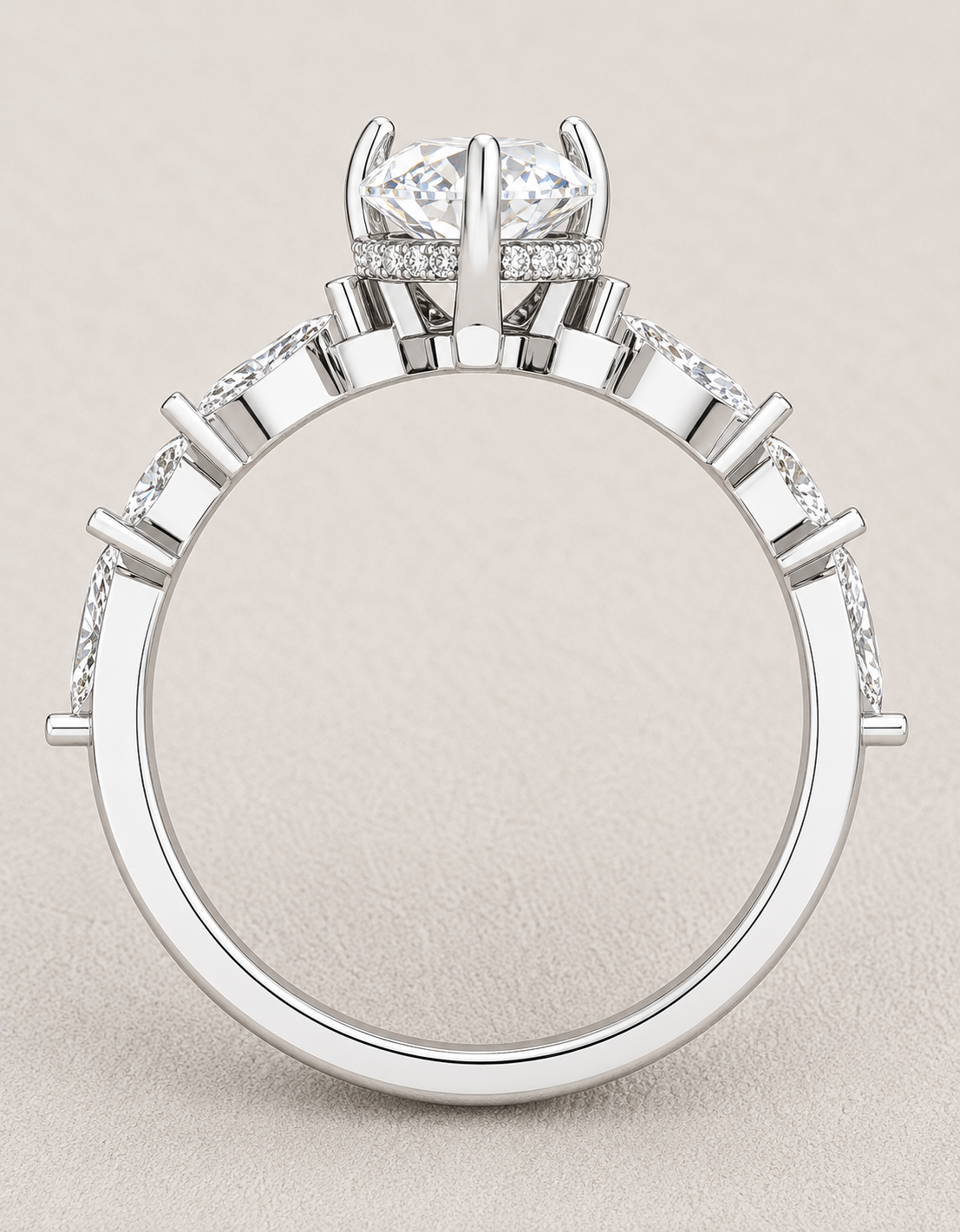 Pear Cut Lab Grown Diamond & Moissanite Three Stone Engagement Ring with Marquise Side Stones