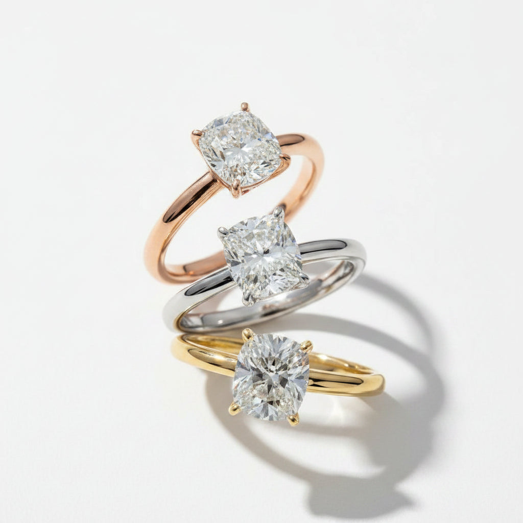 Cushion Cut Solitaire Engagement Ring Lab Grown Diamond And Moissanite