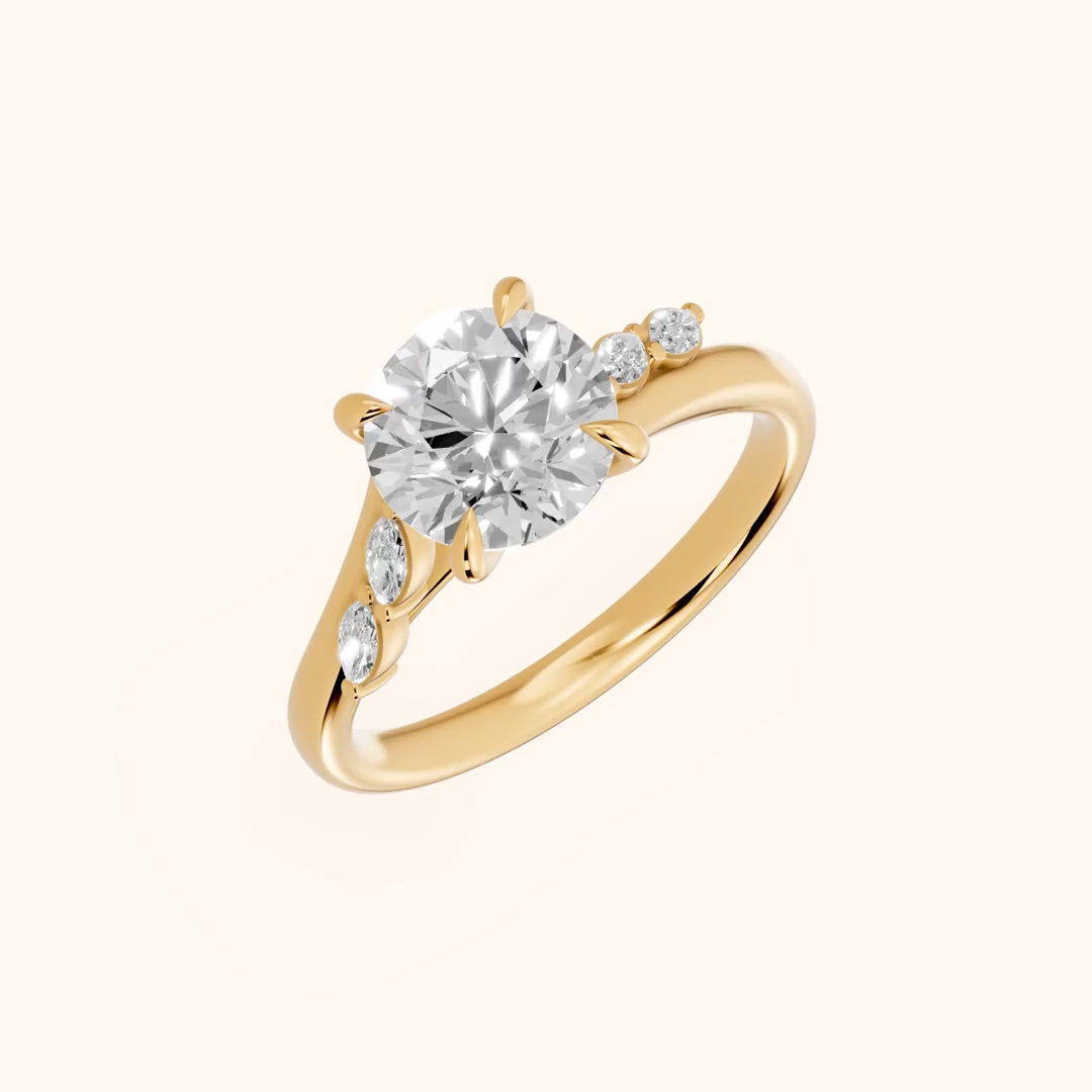 round lab grown diamond engagement ring in silver, three-quarter view