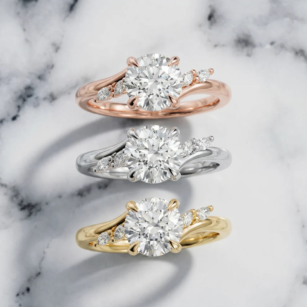 Round Cut Three Stone Lab Grown Diamond & Moissanite Engagement Ring