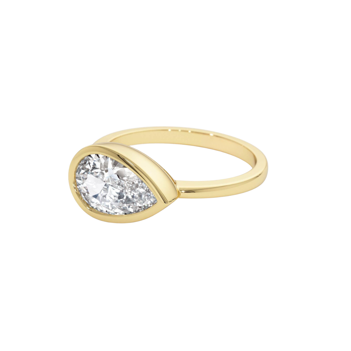 pear lab grown diamond engagement ring in gold, three-quarter view