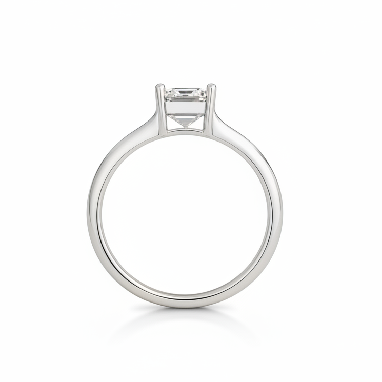 emerald lab grown diamond ring in silver, three-quarter view