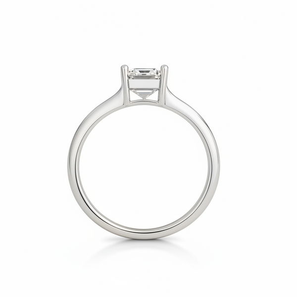emerald lab grown diamond ring in silver, three-quarter view