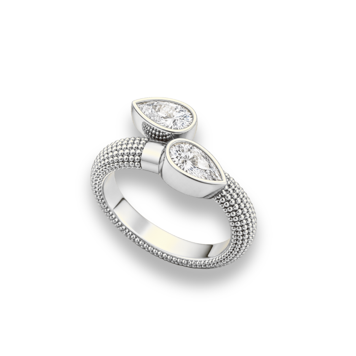 Pear Shape Moissanite Ring  Lab Grown Diamond Bezel & Beaded Gold Band