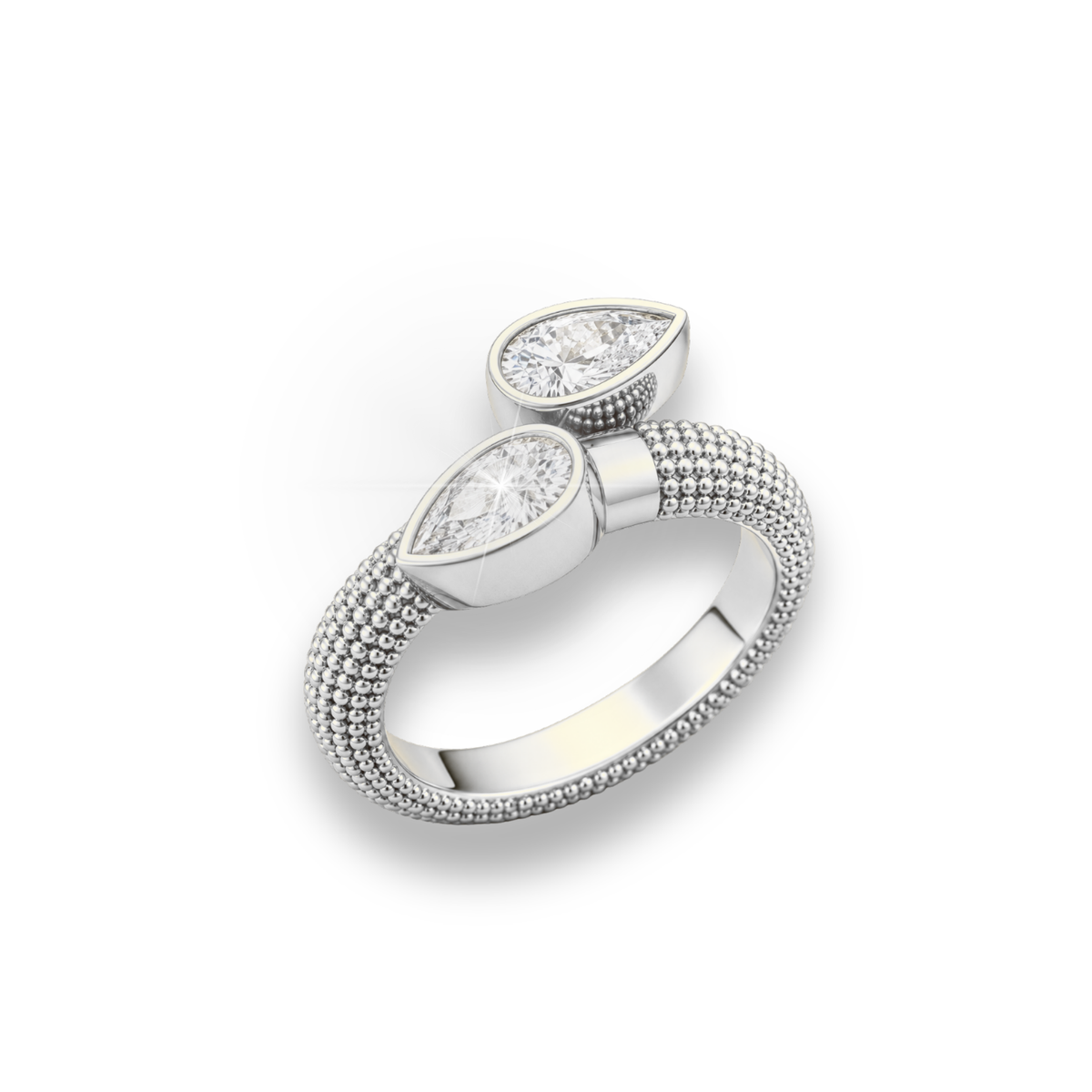 Pear Shape Moissanite Ring  Lab Grown Diamond Bezel & Beaded Gold Band