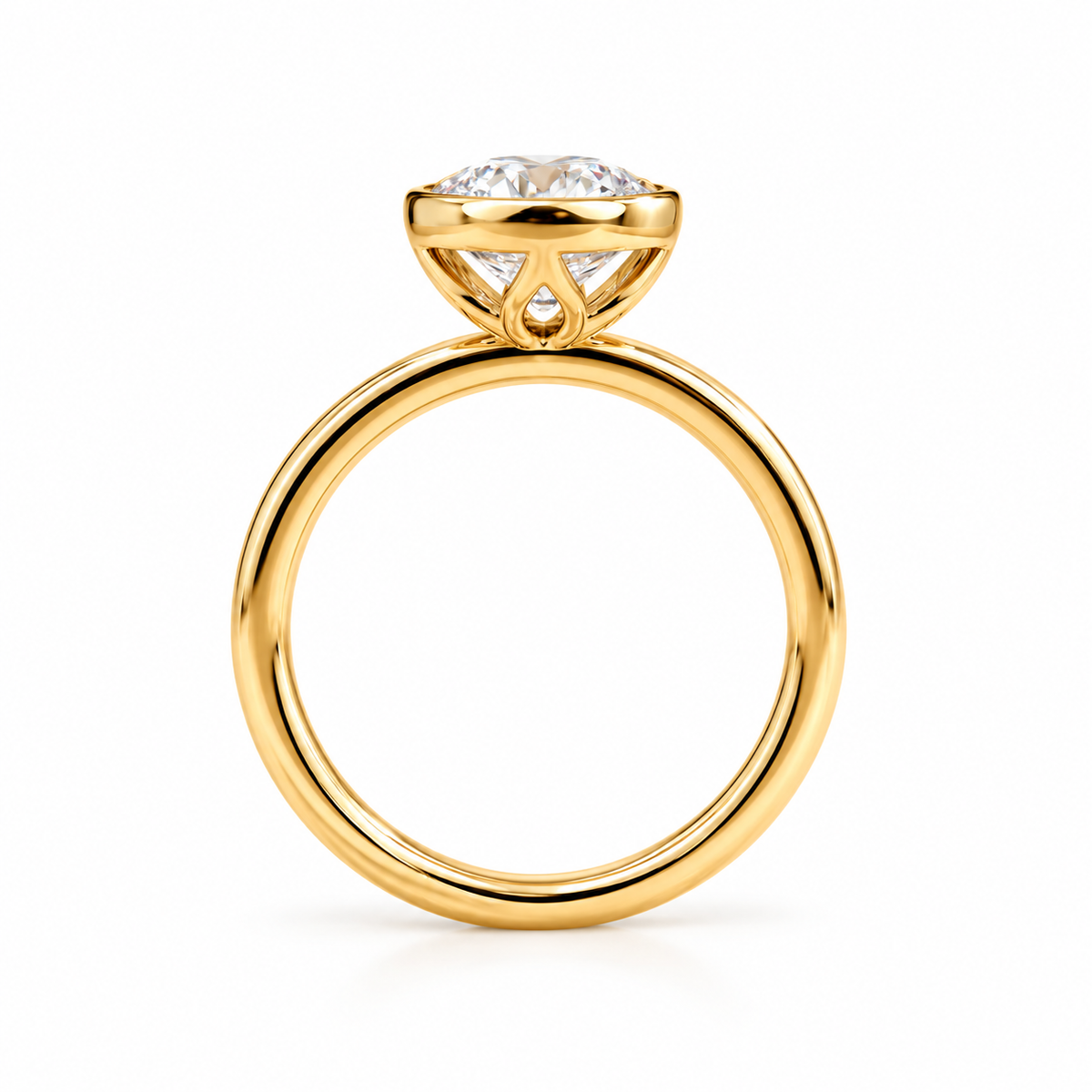 round lab grown diamond engagement ring in gold, top view