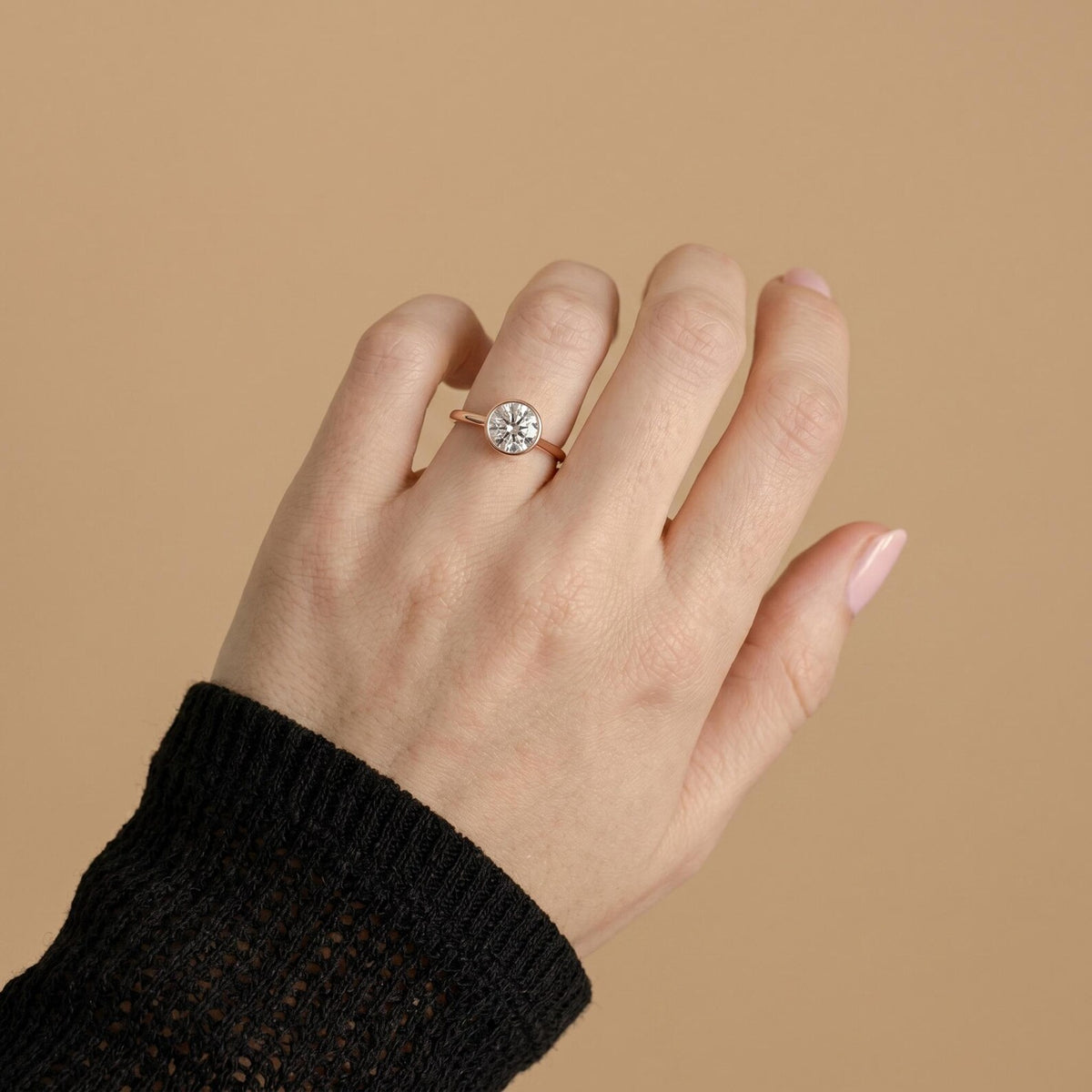 round lab grown diamond engagement ring in gold, on-hand