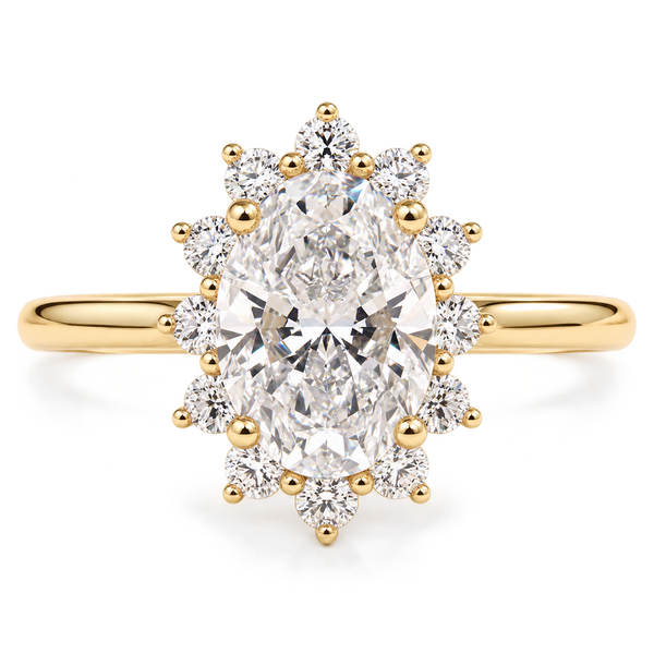 Engagement ring oval cut solitaire in a cathedral sunburst halo setting, diamond, gold, handmade, vintage luxury