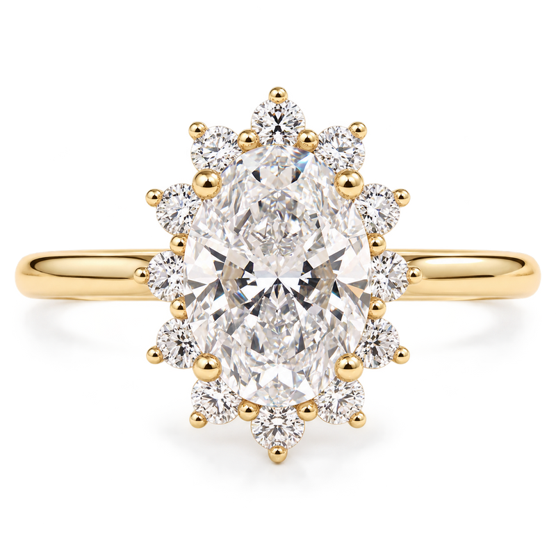 Engagement ring oval cut solitaire in a cathedral sunburst halo setting, diamond, gold, handmade, vintage luxury