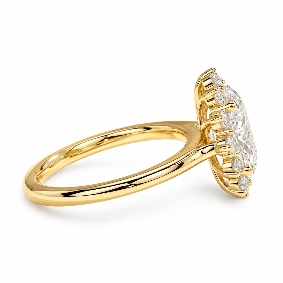 Engagement ring oval cut solitaire in a cathedral sunburst halo setting, diamond, gold, handmade, vintage luxury