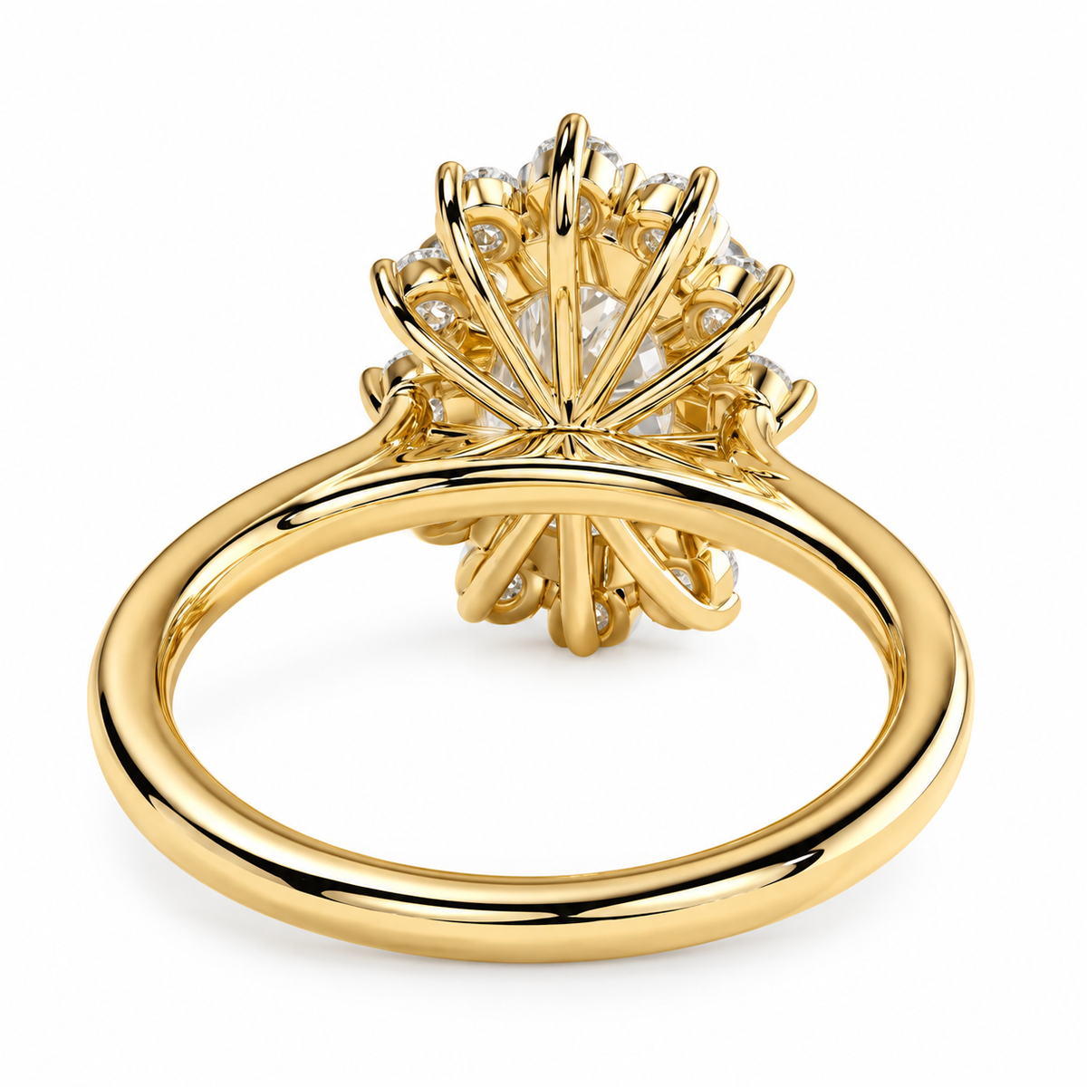 Engagement ring oval cut solitaire in a cathedral sunburst halo setting, diamond, gold, handmade, vintage luxury