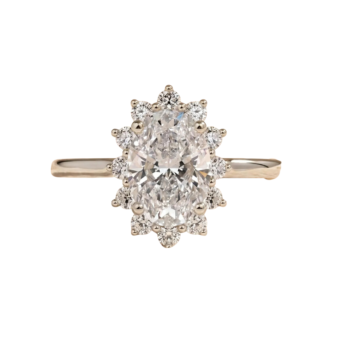 Engagement ring oval cut solitaire in a cathedral sunburst halo setting, diamond, gold, handmade, vintage luxury