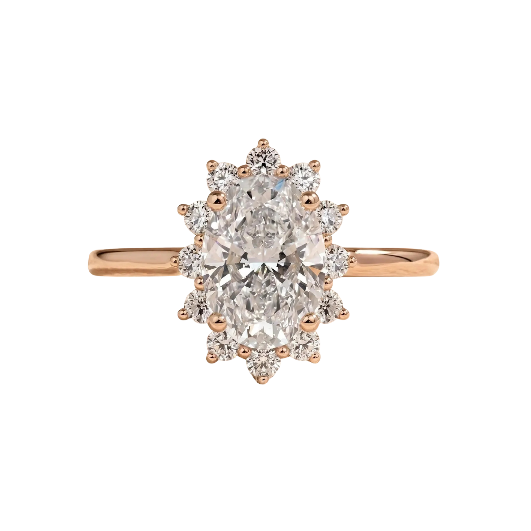 Engagement ring oval cut solitaire in a cathedral sunburst halo setting, diamond, gold, handmade, vintage luxury