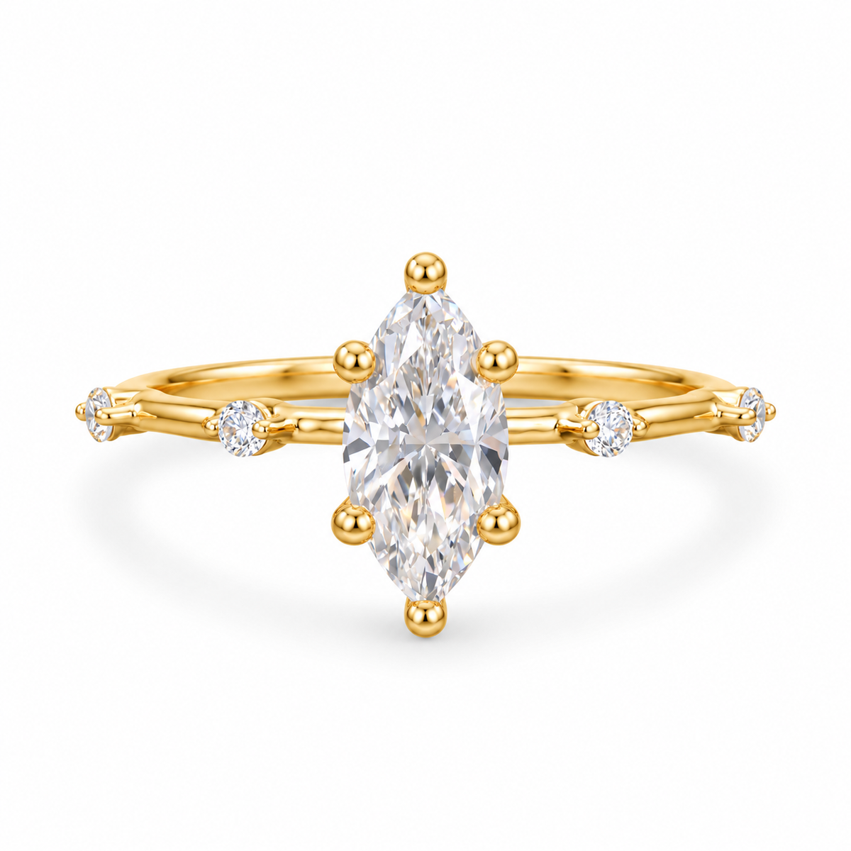 marquise lab grown diamond engagement ring in gold, three-quarter view
