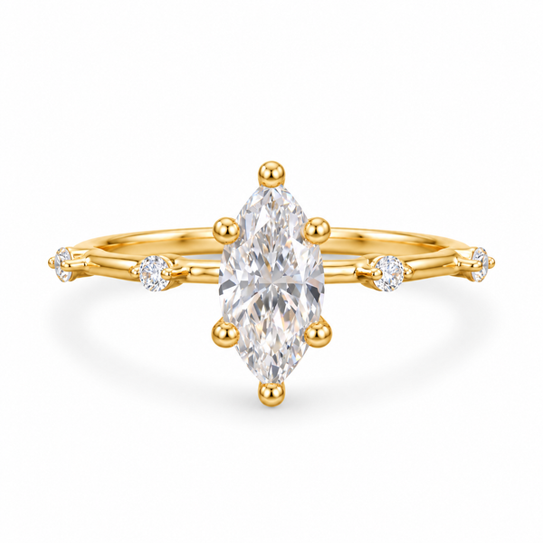 marquise lab grown diamond engagement ring in gold, three-quarter view