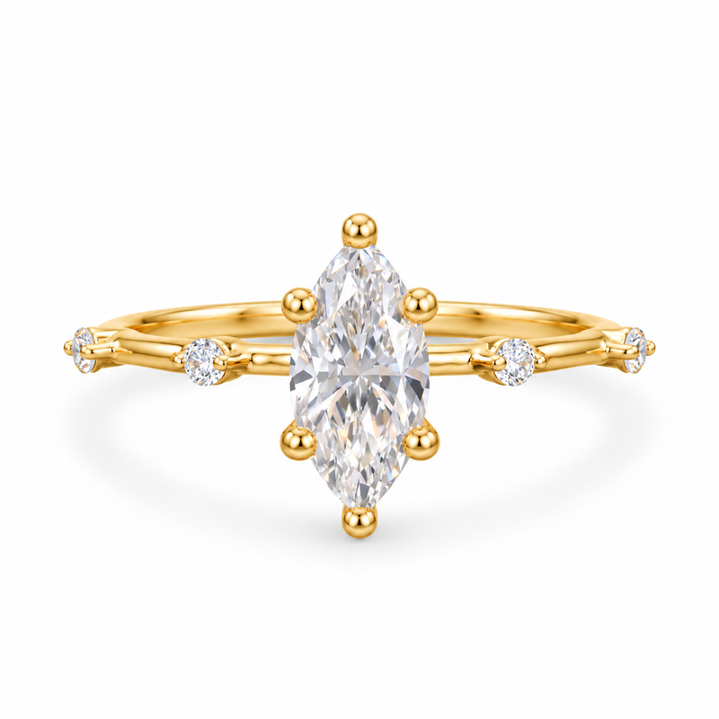 marquise lab grown diamond engagement ring in gold, three-quarter view