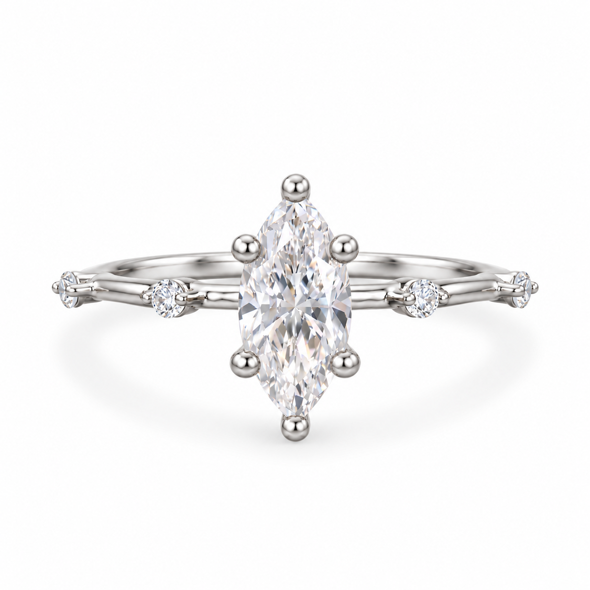 marquise lab grown diamond engagement ring in gold, detail of the setting