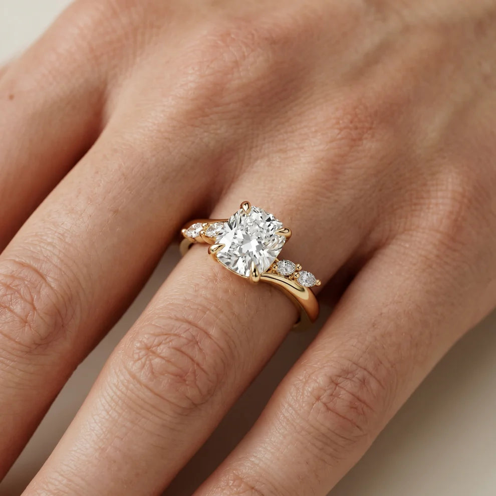 Cushion Cut Floral Lab Grown Diamond & Moissanite Engagement Ring