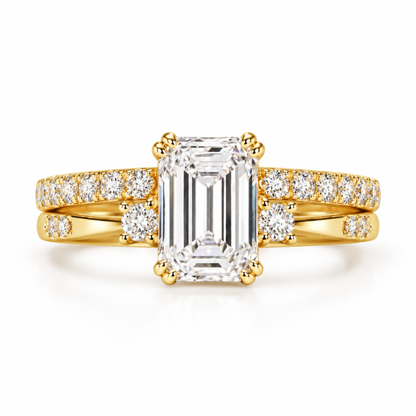 emerald lab grown diamond ring in silver, three-quarter view